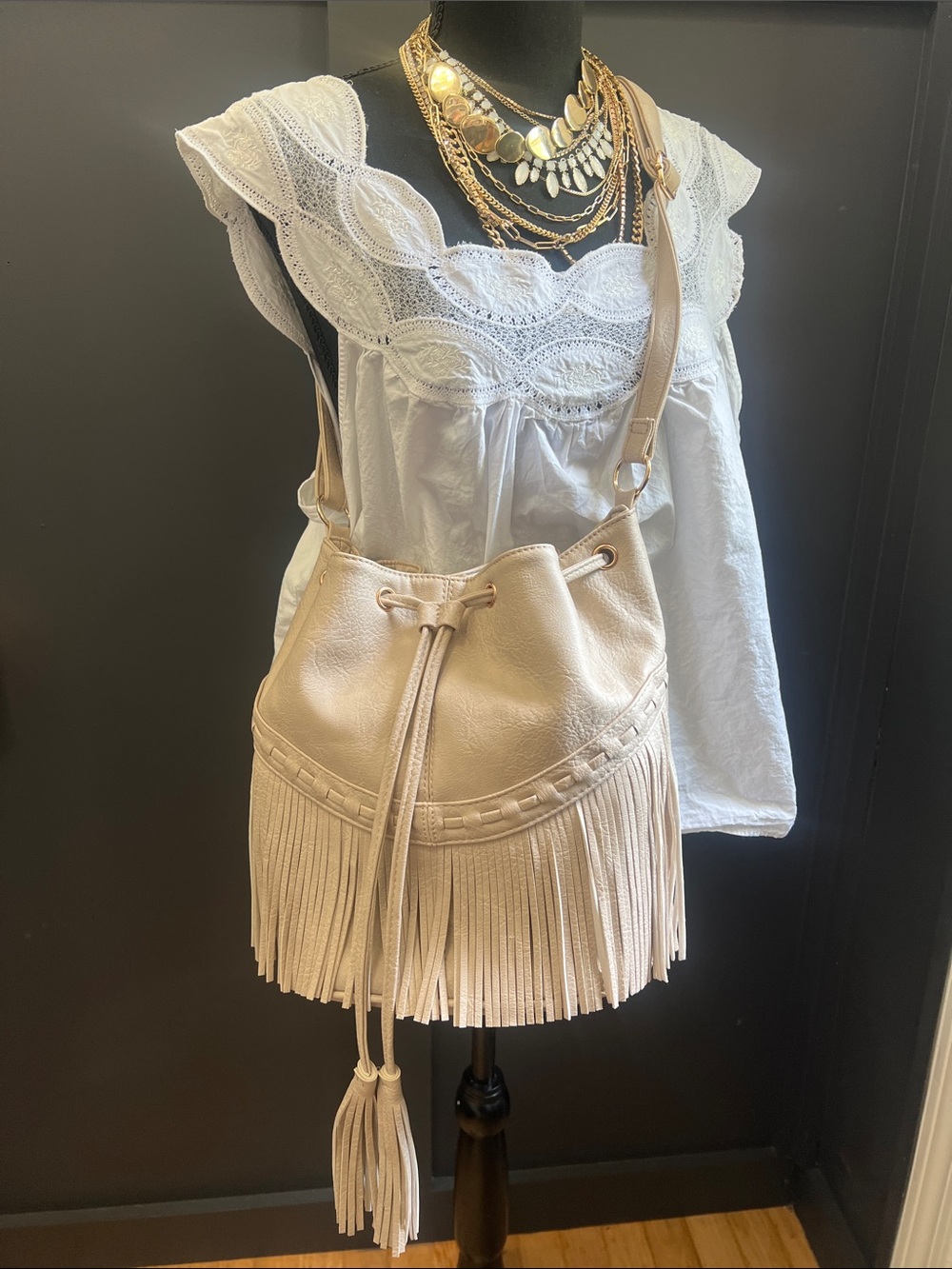 Fringed Tassel Bucket Bag in Light Beige